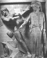 Геракл очищает конюшни Авгия. Метопа. Храм Зевса в Олимпии. Олимпия, музей