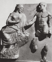 Афина и Геракл со стимфалийскими птицами. Метопа. Храм Зевса в Олимпии. 468-456 гг. до н.э. Олимпия, музей