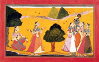 Сцена любви между Кришной и Радхой, описанная в поэме Банудатты «Расаманджари»(Школа Басоли)
